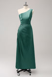 Dark Green Sheath One Shoulder Satin Long Bridsmaid Dress