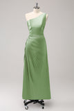 Dark Green Sheath One Shoulder Satin Long Bridsmaid Dress