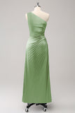 Dark Green Sheath One Shoulder Satin Long Bridsmaid Dress