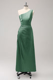 Dark Green Sheath One Shoulder Satin Long Bridsmaid Dress