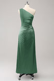 Dark Green Sheath One Shoulder Satin Long Bridsmaid Dress