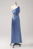 Blue Sheath One Shoulder Satin Keyhole Long Bridesmaid Dress