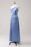 Blue Sheath One Shoulder Satin Keyhole Long Bridesmaid Dress