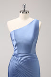 Blue Sheath One Shoulder Satin Keyhole Long Bridesmaid Dress