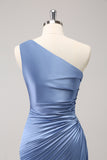 Blue Sheath One Shoulder Satin Keyhole Long Bridesmaid Dress