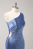 Blue Sheath One Shoulder Satin Keyhole Long Bridesmaid Dress