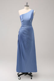 Blue Sheath One Shoulder Satin Keyhole Long Bridesmaid Dress