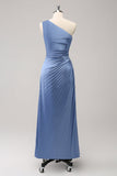 Blue Sheath One Shoulder Satin Keyhole Long Bridesmaid Dress