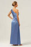 Sheath One Shoulder Pleated Keyhole Satin Long Blue Bridesmaid Dress