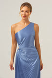 Sheath One Shoulder Pleated Keyhole Satin Long Blue Bridesmaid Dress