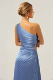 Sheath One Shoulder Pleated Keyhole Satin Long Blue Bridesmaid Dress