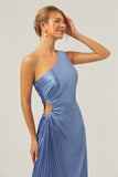 Sheath One Shoulder Pleated Keyhole Satin Long Blue Bridesmaid Dress