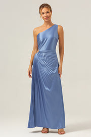 Sheath One Shoulder Pleated Keyhole Satin Long Blue Bridesmaid Dress