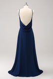 Navy Mermaid Backless Long Bridesmaid Dress with Sleeveless