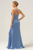 Mermaid Spaghetti Straps Long Satin Blue Bridesmaid Dress with Slit