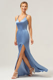 Mermaid Spaghetti Straps Long Satin Blue Bridesmaid Dress with Slit