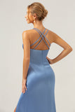 Mermaid Spaghetti Straps Long Satin Blue Bridesmaid Dress with Slit