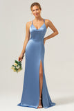 Mermaid Spaghetti Straps Long Satin Blue Bridesmaid Dress with Slit