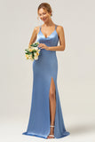 Mermaid Spaghetti Straps Long Satin Blue Bridesmaid Dress with Slit