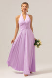 A Line Halter Backless Pleated Chiffon Long Purple Bridesmaid Dress With Buckle