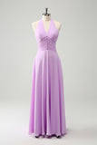 Purple A Line Halter Backless Pleated Chiffon Long Bridesmaid Dress With Buckle