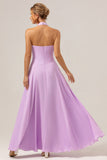 A Line Halter Backless Pleated Chiffon Long Purple Bridesmaid Dress With Buckle