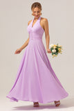 A Line Halter Backless Pleated Chiffon Long Purple Bridesmaid Dress With Buckle