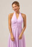 A Line Halter Backless Pleated Chiffon Long Purple Bridesmaid Dress With Buckle