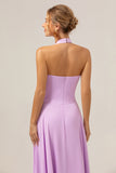 A Line Halter Backless Pleated Chiffon Long Purple Bridesmaid Dress With Buckle