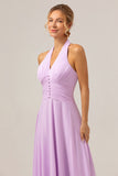 A Line Halter Backless Pleated Chiffon Long Purple Bridesmaid Dress With Buckle