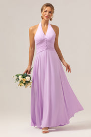 A Line Halter Backless Pleated Chiffon Long Purple Bridesmaid Dress With Buckle