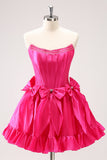 Cute Fuchsia A Line Strapless Corset Ruffle Beaded Homecoming Dress with Bows