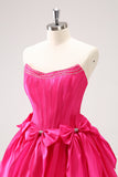 Cute Fuchsia A Line Strapless Corset Ruffle Beaded Homecoming Dress with Bows