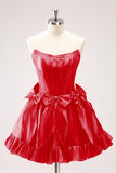 Cute Fuchsia A Line Strapless Corset Ruffle Beaded Homecoming Dress with Bows