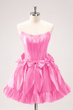 Cute Fuchsia A Line Strapless Corset Ruffle Beaded Homecoming Dress with Bows