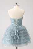 Elegant A Line Strapless Tiered Ruffle Cute Blue Homecoming Dress with Bows