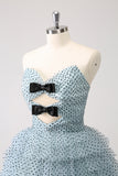 Elegant A Line Strapless Tiered Ruffle Cute Blue Homecoming Dress with Bows