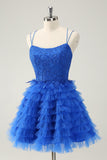 Cute Blue A Line Spaghetti Straps Tiered Short Homecoming Dress with Beading