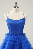 Cute Blue A Line Spaghetti Straps Tiered Short Homecoming Dress with Beading