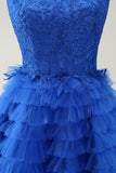 Cute Blue A Line Spaghetti Straps Tiered Short Homecoming Dress with Beading