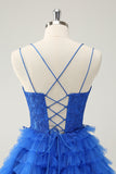 Cute Blue A Line Spaghetti Straps Tiered Short Homecoming Dress with Beading