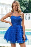 Cute Blue A Line Lace Up Back Tiered Short Homecoming Dress with Beading