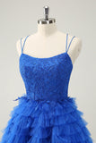 Cute Blue A Line Spaghetti Straps Tiered Short Homecoming Dress with Beading