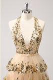 Sparkly Gold A Line Halter Corset Tiered Backless Homecoming Dress with Sequins