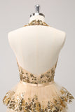 Sparkly Gold A Line Halter Corset Tiered Backless Homecoming Dress with Sequins