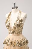 Sparkly Gold A Line Halter Corset Tiered Backless Homecoming Dress with Sequins