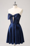 Cute Navy A Line Strapless Hollow Out Corset Beaded Homecoming Dress with Bow