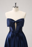 Cute Navy A Line Strapless Hollow Out Corset Beaded Homecoming Dress with Bow