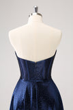 Cute Navy A Line Strapless Hollow Out Corset Beaded Homecoming Dress with Bow