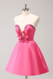 Cute Hot Pink A Line Strapless Cut Out Homecoming Dress with Beading